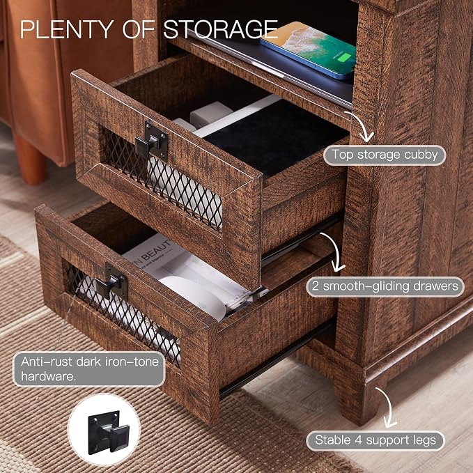 Nightstand with Charging Station, OKD 18'' Industrial & Farmhouse End Table - Image 4