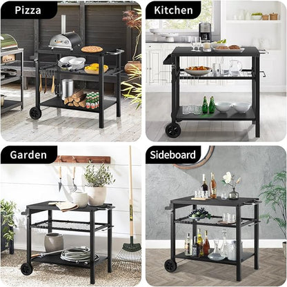 Grill Cart Table with Three Shelf, Movable Outdoor Dining Cart Pizza Oven Stand - Image 6