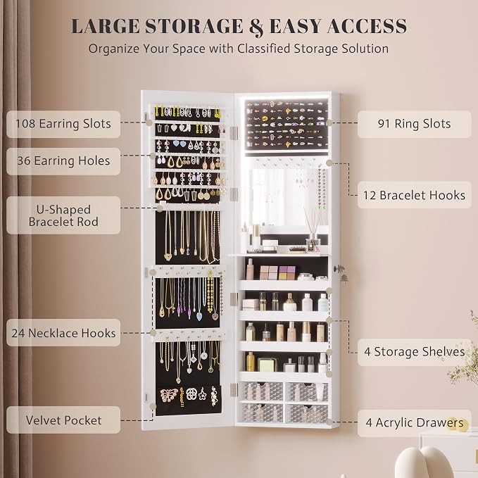 Vlsrka 47.2" LED Jewelry Mirror Cabinet, Wall/Door Mounted Jewelry Armoire - Image 2
