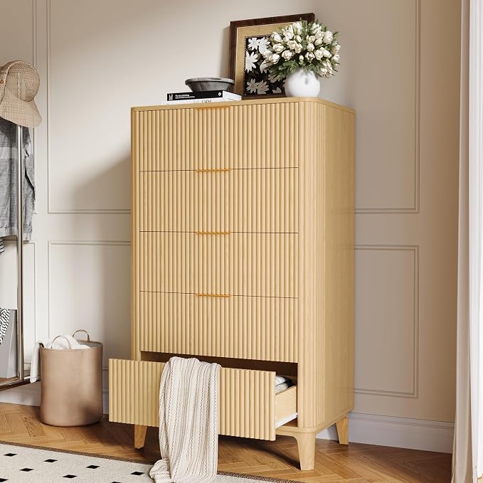 Fluted 5 Drawers Dresser for Bedroom, Farmhouse Wooden Vertical Dresser - Image 9