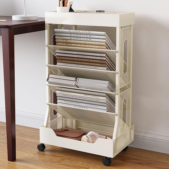 Book Cart with Wheels Mobile Bookshelf Rolling Bookshelf Organizer Bookcase - Image 2
