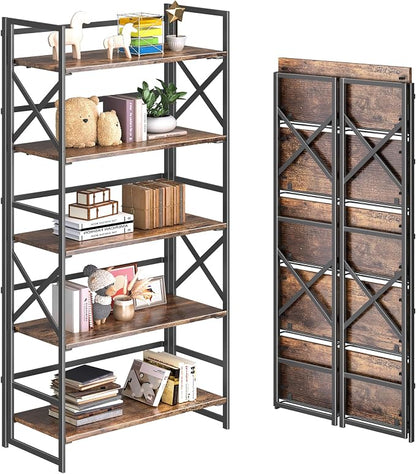 4NM 5 Tiers No Assembly Book Shelves, 51.2" H Folding Bookshelf Bookcase Open by 4NM