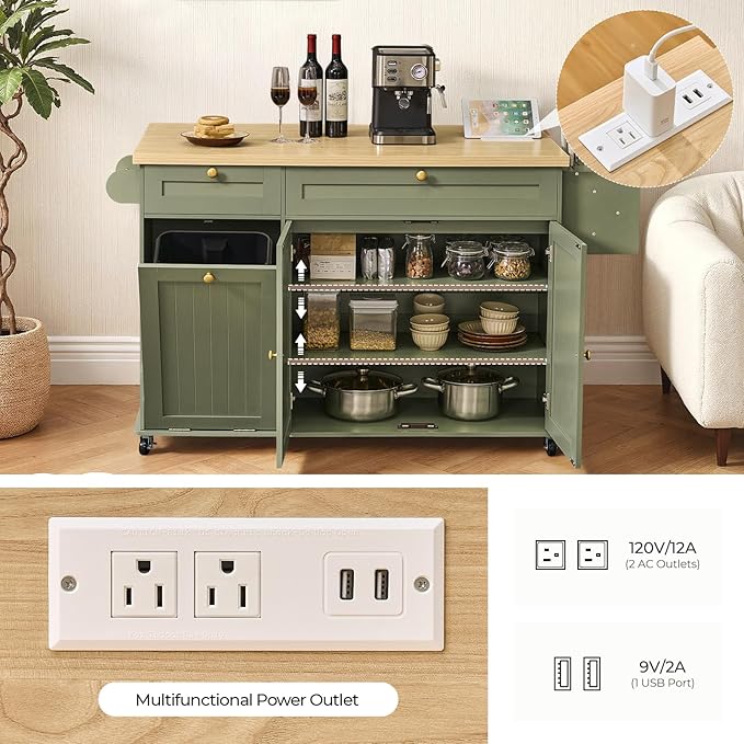 60.2" Kitchen Islands with Storage, Kitchen Island Cart with Trash Can Storage - Image 5