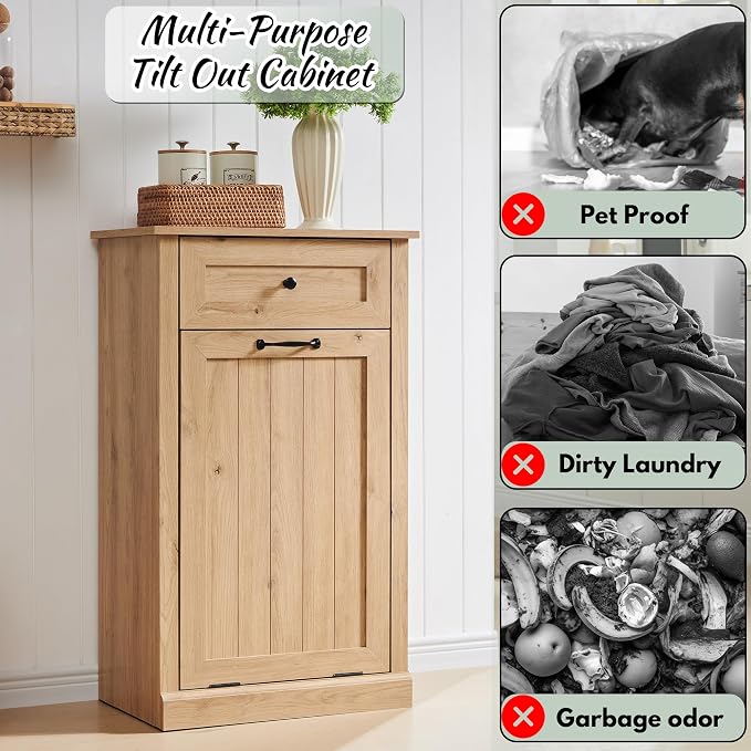 Tilt Out Laundry Hamper Cabinet, 10 Gallon Farmhouse Trash Can Cabinet - Image 4