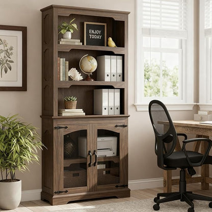 70 Inch Farmhouse Bookcase, Walnut Two-Tone Shelves, 5 Tier Bookshelf by Unknown