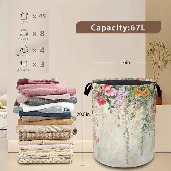 Abstract Colorful Flowers Laundry Basket, Watercolor Painting Collapsible - Image 3