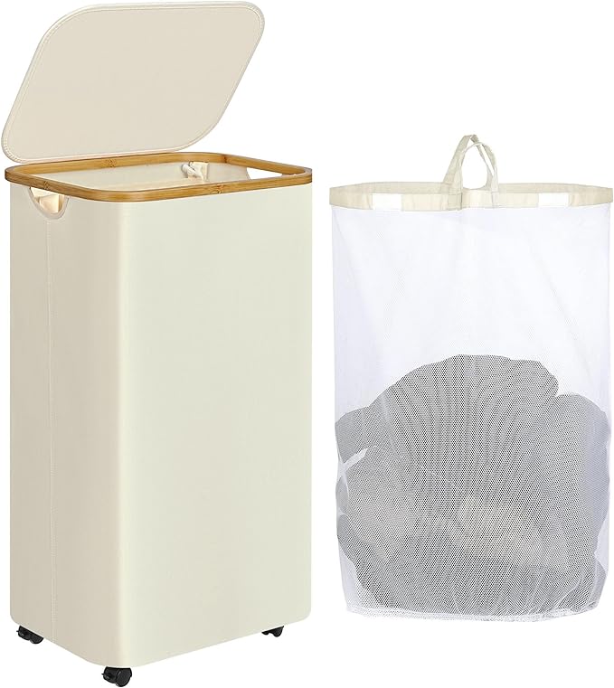 Laundry Basket with Wheels, 110L Beige Clothes Hamper by iEGrow