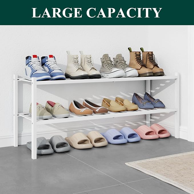 Smiry Bamboo Shoe Rack for Closet, 2 Tier Long Wooden Stackable Shoe Organizer - Image 5