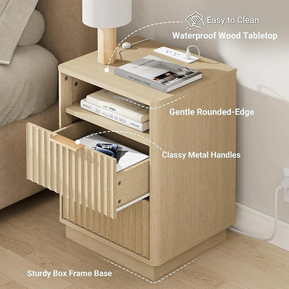 Fluted Nightstand with Charging Station, 2 Drawers End Table with Storage - Image 5