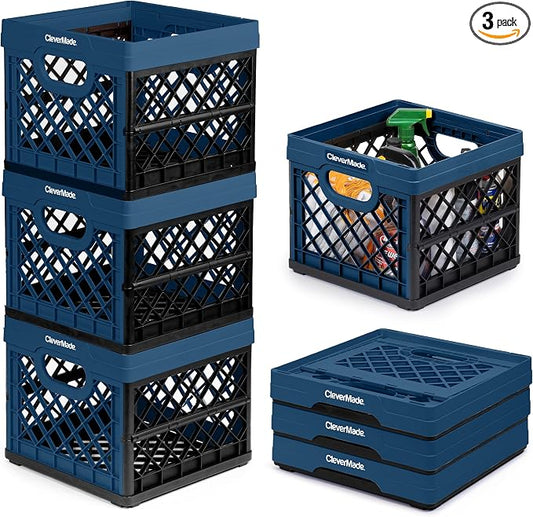 CleverMade Collapsible Milk Crate, 3PK - 25L Stackable Storage Bins by CleverMade