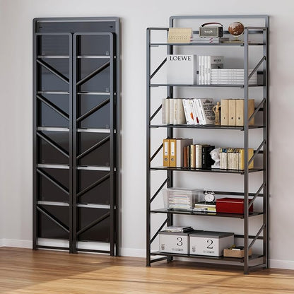 JSB No Assembly Folding Bookshelf, 6 Tier Industrial Metal Book Shelf - Image 4