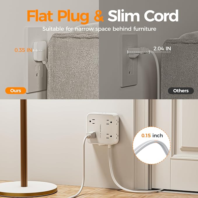 Surge Protector Power Strip, TESSAN Flat Plug Extension Cord - Image 3