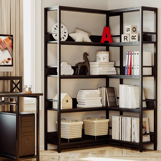 IRONCK Corner Bookshelf 5 Tiers, Industrial Corner Bookcase - Image 2