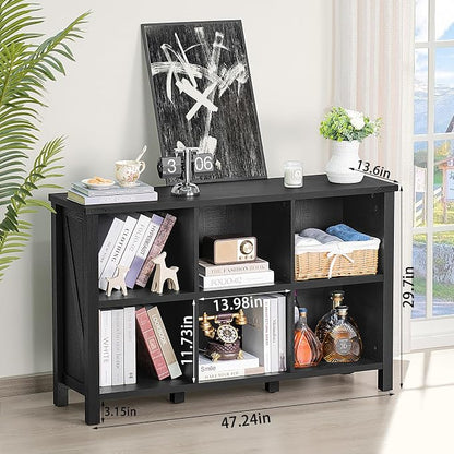 6 Cube Bookcase, Farmhouse Wood Low Storage Organizer Book Shelf, Hallway Book - Image 2
