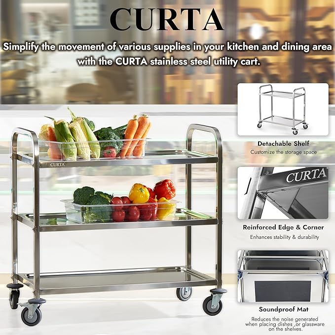 CURTA Stainless Steel Serving Trolley, Rolling Casters Brake Wheel, Commercial - Image 4