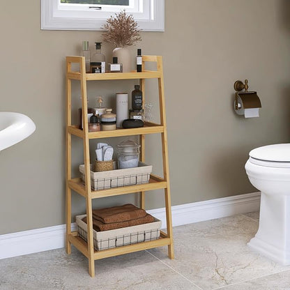 SMIBUY Bamboo Ladder Bookcase, Bathroom Storage Rack Organizer, 4 Tier and 5 - Image 2