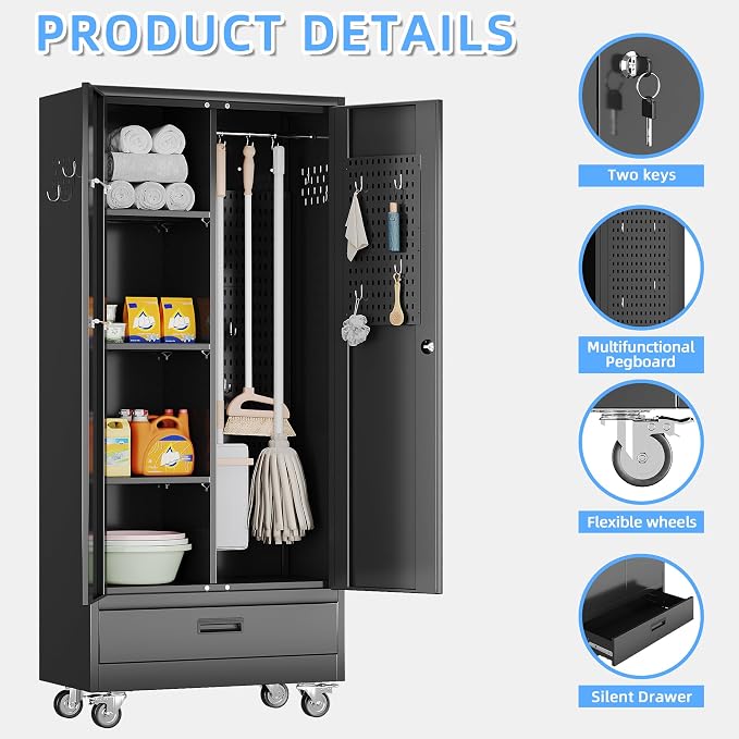 SUXXAN Broom Closet with Wheels 71"x 31.5"x15.75", Metal Cleaning Cabinets with - Image 4