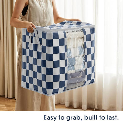 Navy Blue Checkered Clothes Storage Bins, 100L Large Blanket Storage Bags 3 Pack - Image 5