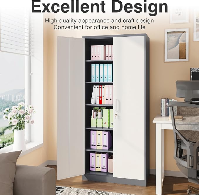 Metal Storage Cabinet with 2 Doors and 6 Shelves, Locking File Cabinet - Image 4