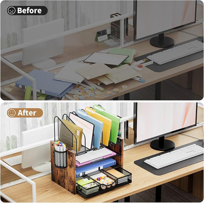 Marbrasse Desk organizer with Drawer, 4-Tier Wooden File Organizer with 5 - Image 5