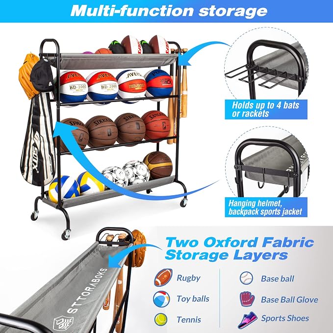 Basketball Rack, 4-Layer Ball Rack Rolling Balls Organizer - Image 3