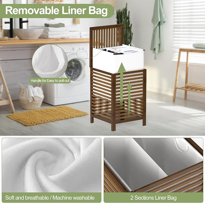 Bamboo Laundry Hamper with Lid, 120L Large Double Laundry Basket with Removable - Image 4