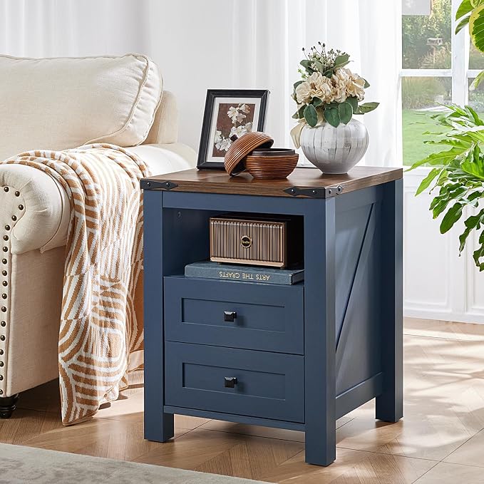 Nightstand with Charging Station, Farmhouse Night Stand with 2 Drawers and - Image 6