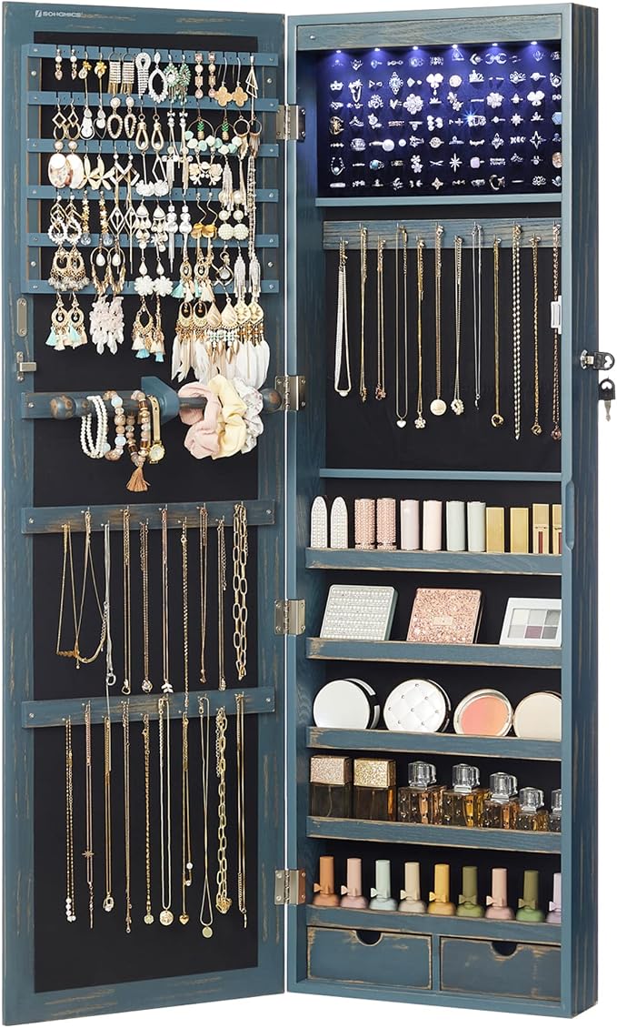 SONGMICS 6 LEDs Mirror Jewelry Cabinet, 47.2-Inch Tall Lockable Wall or Door by SONGMICSbySONGMICSHOME