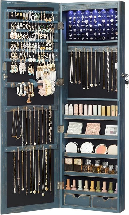 SONGMICS 6 LEDs Mirror Jewelry Cabinet, 47.2-Inch Tall Lockable Wall or Door by SONGMICSbySONGMICSHOME