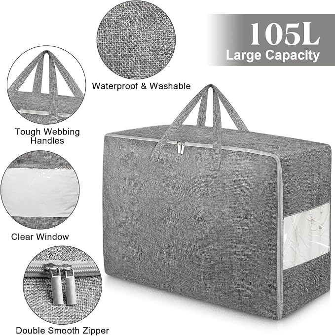 4Pack 105L Extra Large Storage Bags, Folding Moving Comforter Blanket Storage - Image 2