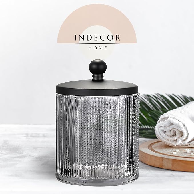 Gray Colored Tranlucent Apothecary Ribbed Geo Etched Glass Jar W/Matte Black - Image 2