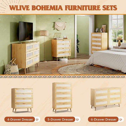 WLIVE Rattan Dresser for Bedroom, 4 Drawer Wooden Boho Dresser Storage - Image 9