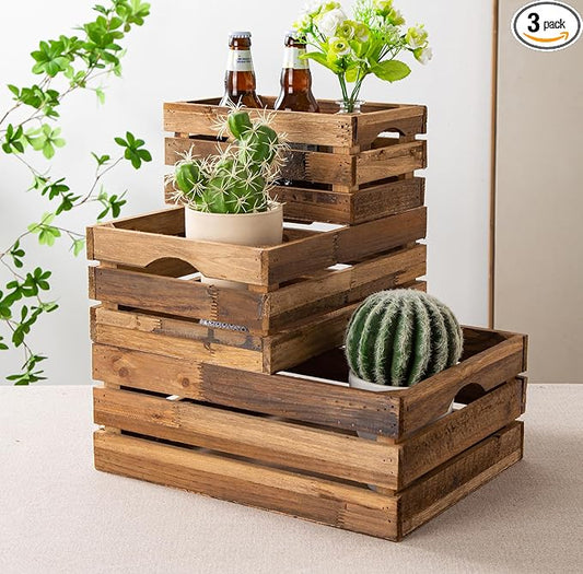 Set of 3 Nesting Wooden Crates, Rustic Wooden Storage Container Boxes by Venalys
