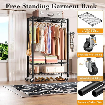 Heavy Duty Clothes Rack Rolling Garment Rack, 3 Tier Adjustable Wire Shelving - Image 3