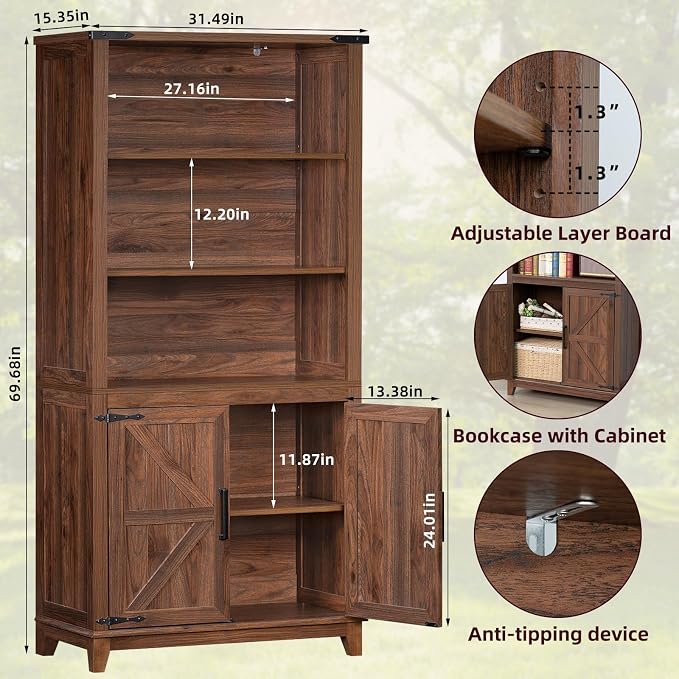 70in Tall Bookshelf 5 Tier Bookcase - Image 3