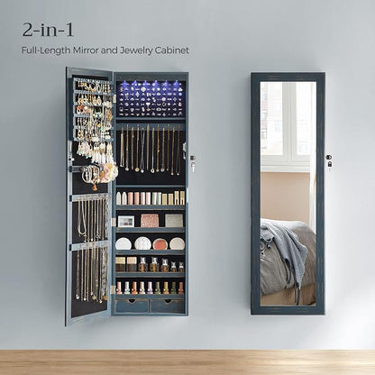 SONGMICS 6 LEDs Mirror Jewelry Cabinet, 47.2-Inch Tall Lockable Wall or Door - Image 3