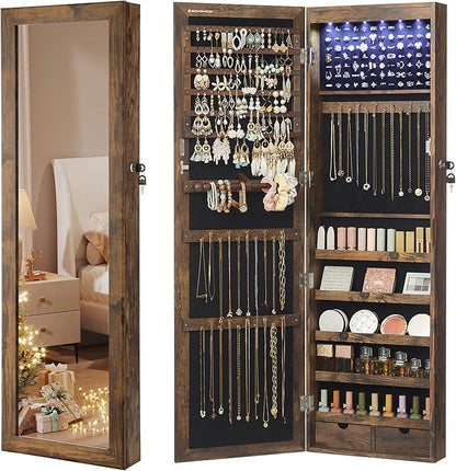 SONGMICS 6 LEDs Mirror Jewelry Cabinet, 47.2-Inch Tall Lockable Wall or Door by SONGMICSbySONGMICSHOME