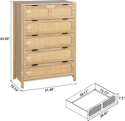 5 Drawer Dresser with Rattan Finish, Modern Farmhouse Chest of Drawers with - Image 2