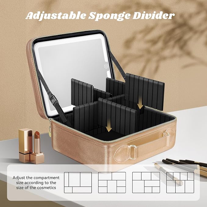 JUSRON Travel Makeup Bag With LED Mirror, Cosmetic Train Case with Light up - Image 2