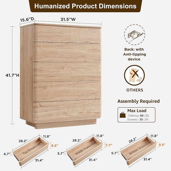 ACCOHOHO Modern 5 Drawer Dresser - Image 2