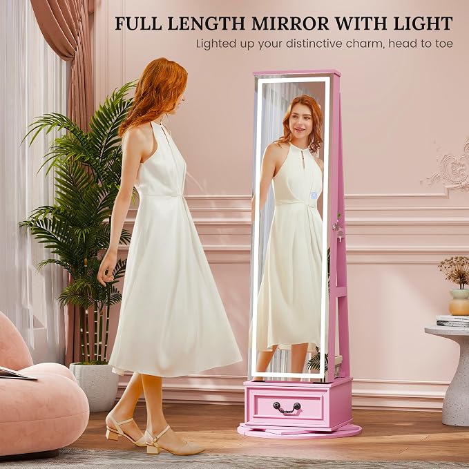 LVSOMT LED Mirror Jewelry Cabinet Standing, 360°Swivel Jewelry Armoire - Image 2