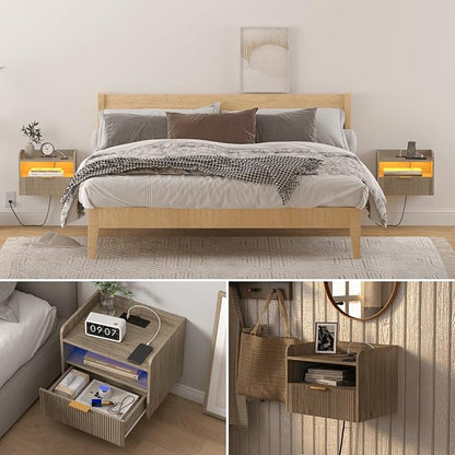 White Floating Nightstand with Charging Station and LED Lights - Image 7