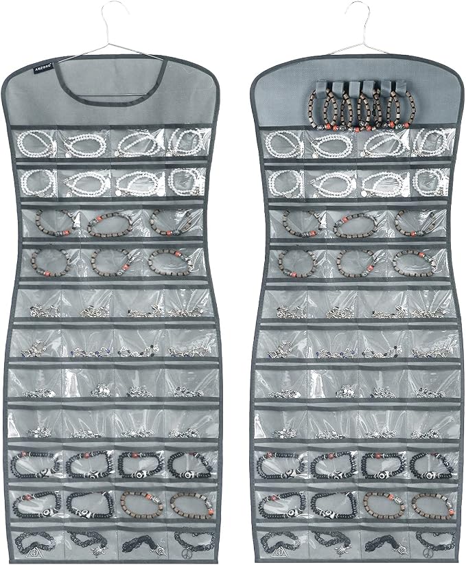 Hanging Jewelry Organizer Dual Sided 84 Clear Pockets and 6 Hook Loops Storage by ANZORG