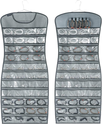 Hanging Jewelry Organizer Dual Sided 84 Clear Pockets and 6 Hook Loops Storage by ANZORG