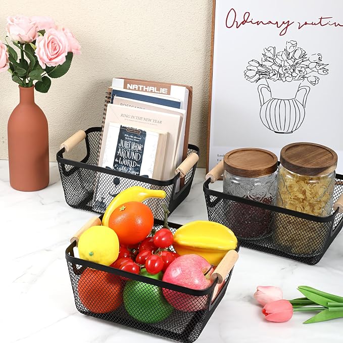 4 Pcs Metal Wire Baskets with Wooden Handles, 9.4x6.9in Wire Storage Basket - Image 4