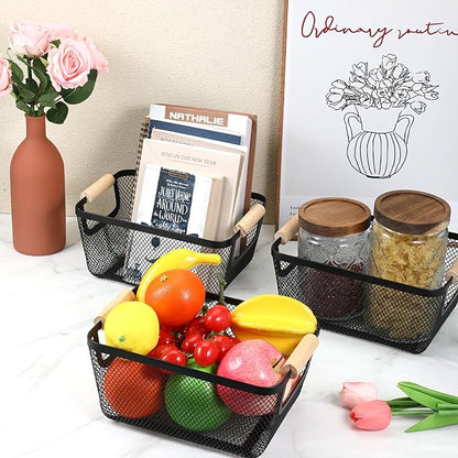 4 Pcs Metal Wire Baskets with Wooden Handles, 9.4x6.9in Wire Storage Basket - Image 4