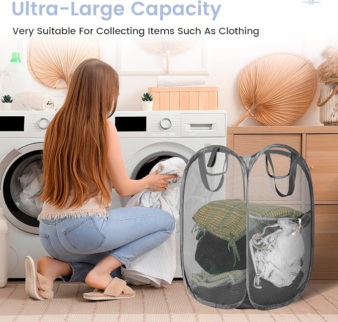 HOUSE AGAIN Mesh Popup Laundry Hamper, Collapsible Laundry Basket, Foldable Pop - Image 3