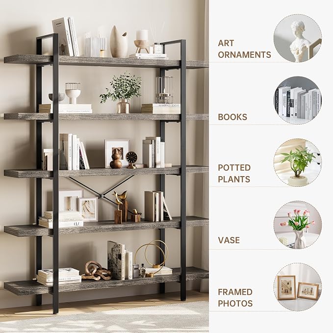 Bookshelf Set, Heavy Duty 5-Tier Industrial Bookcase, 120lbs Shelf Capacity - Image 3