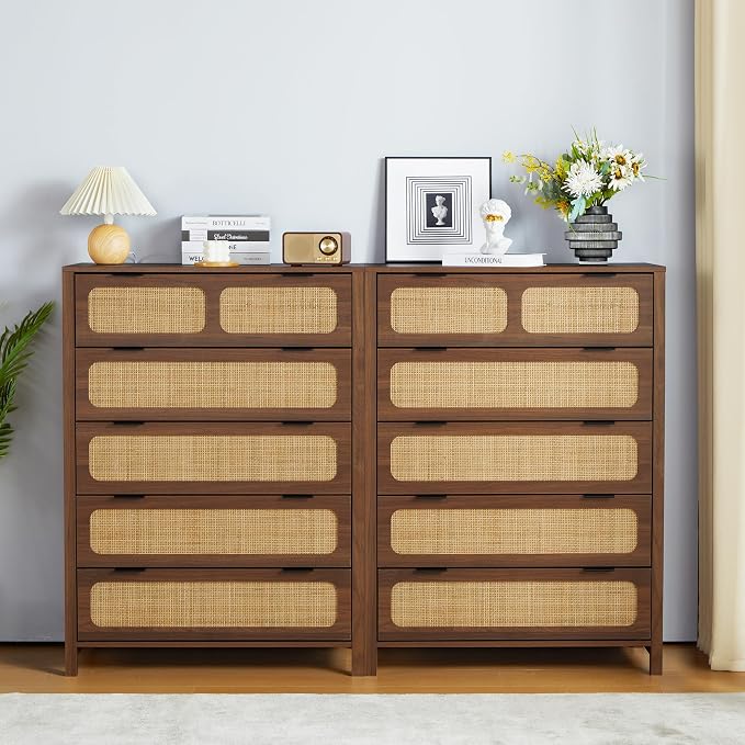 5 Drawer Dresser with Rattan Finish, Modern Farmhouse Chest of Drawers with - Image 8