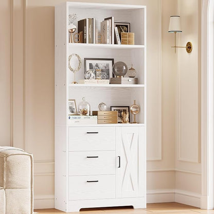 IRONCK Bookshelf with Door and 3 Drawers, 71in Tall Bookcase Shelf with 3-Tier - Image 2